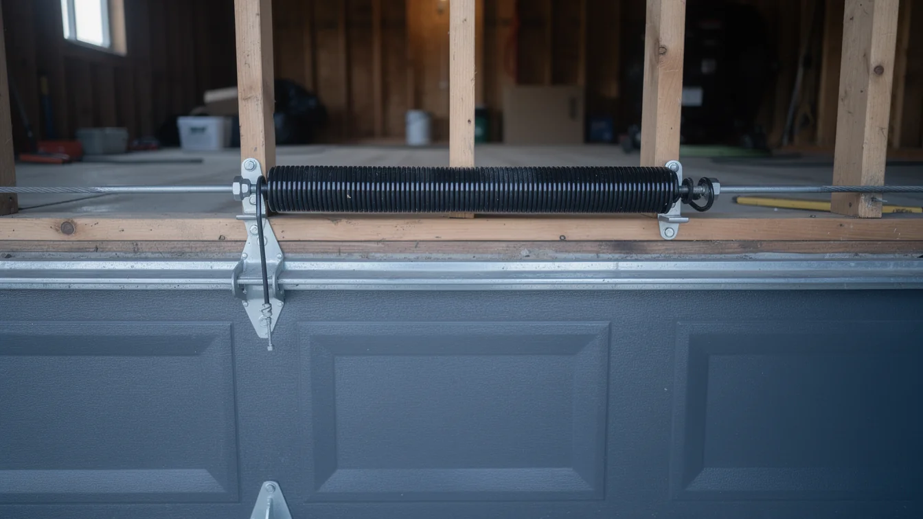 A black torsion spring is mounted above a gray garage door.